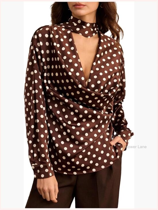 Tops - Polka Dot Cowl Neck Blouse with Scarf, Long Sleeve Loose Fit Workwear Top